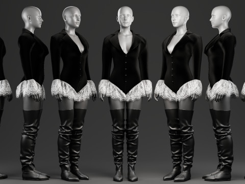 Velvet Jacket Bodysuit with Lace Details and Long Boots 3D Model