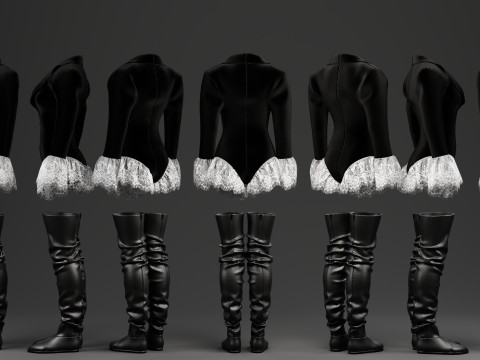 Velvet Jacket Bodysuit with Lace Details and Long Boots 3D Model