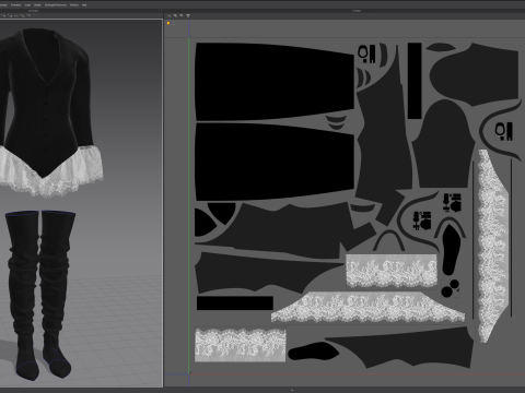 Velvet Jacket Bodysuit with Lace Details and Long Boots 3D Model