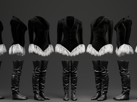 Velvet Jacket Bodysuit with Lace Details and Long Boots 3D Model