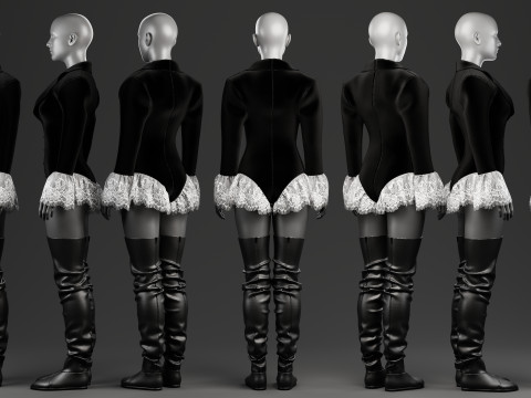 Velvet Jacket Bodysuit with Lace Details and Long Boots 3D Model