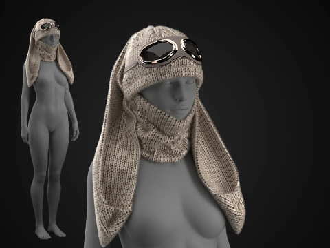 Gestrickte Hasenm&uuml;tze mit Schutzbrille 3D Modell