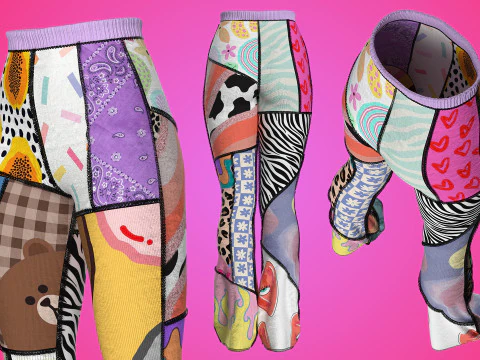 Patchwork High-waisted Knit Pants 3D Model