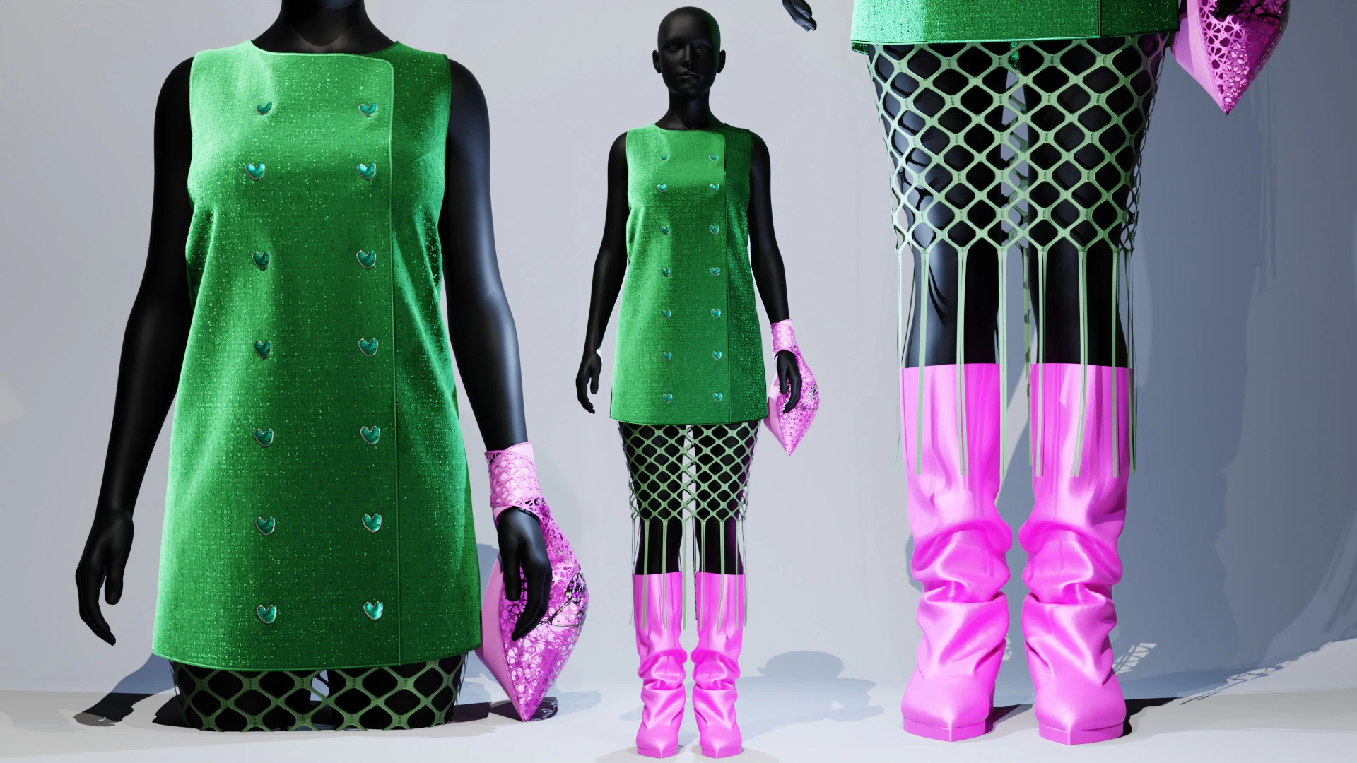 Button Down Green Dress with Hot Pink Boots and Tote 3D Model .c4d .max .obj .3ds .fbx .stl .blend 