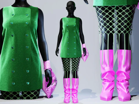 버튼다운 그린 드레스, 핫핑크 부츠와 토트 3D 모델