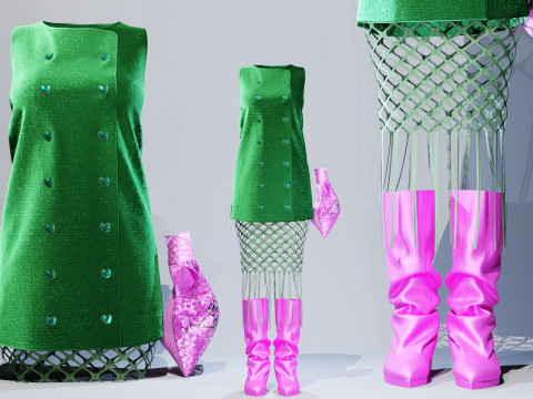 Button Down Green Dress with Hot Pink Boots and Tote 3D Model