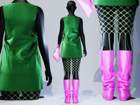 Button Down Green Dress with Hot Pink Boots and Tote 3D Model