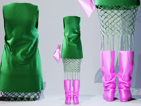 Button Down Green Dress with Hot Pink Boots and Tote 3D Model