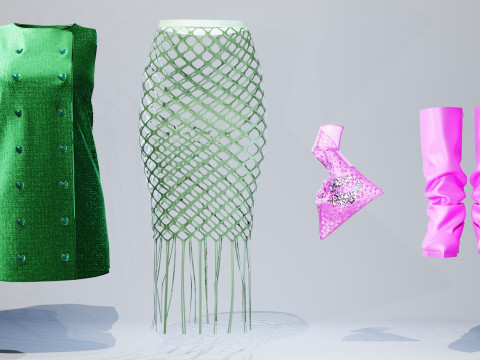 Button Down Green Dress with Hot Pink Boots and Tote 3D Model