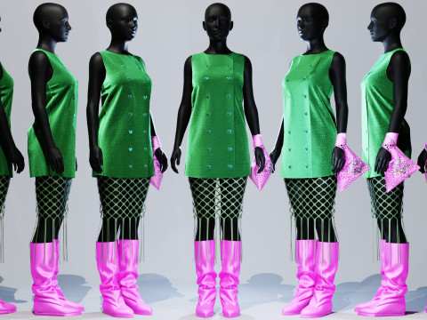 Button Down Green Dress with Hot Pink Boots and Tote 3D Model