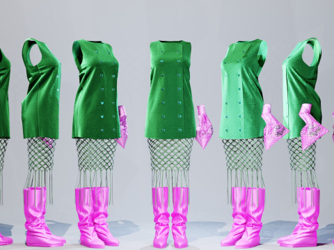 Button Down Green Dress with Hot Pink Boots and Tote 3D Model