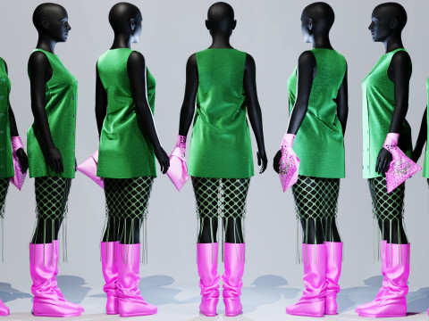 Button Down Green Dress with Hot Pink Boots and Tote 3D Model
