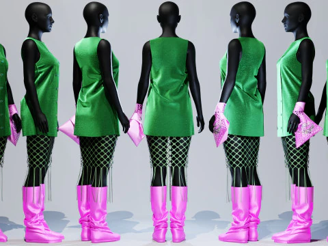 Button Down Green Dress with Hot Pink Boots and Tote 3D Model