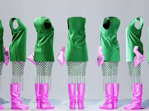 Button Down Green Dress with Hot Pink Boots and Tote 3D Model