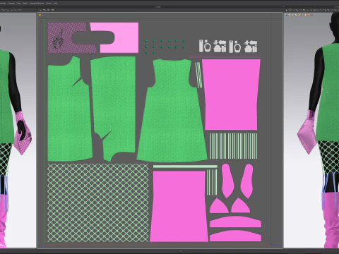 Button Down Green Dress with Hot Pink Boots and Tote 3D Model