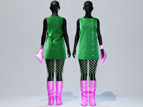 Button Down Green Dress with Hot Pink Boots and Tote 3D Model