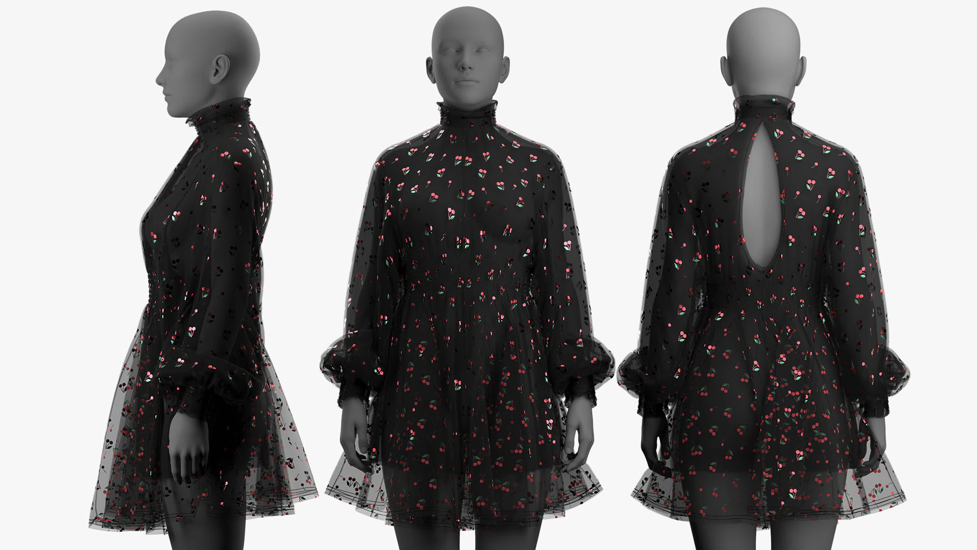 Black Tulle Dress with Cherry Pattern 3D Model .c4d .max .obj .3ds .fbx .stl .blend 