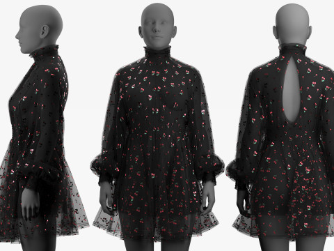 Black Tulle Dress with Cherry Pattern 3D Модель