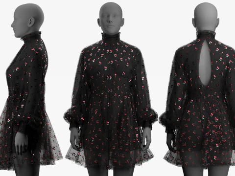 Black Tulle Dress with Cherry Pattern 3D Model