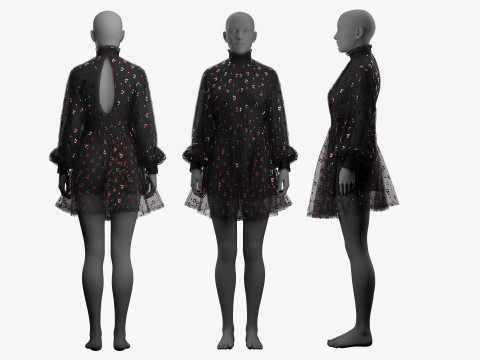 Black Tulle Dress with Cherry Pattern 3D 模型