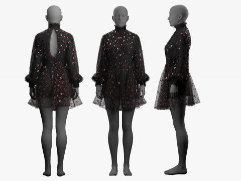 Black Tulle Dress with Cherry Pattern 3D Model