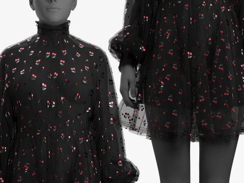 Black Tulle Dress with Cherry Pattern 3D 模型