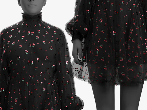 Black Tulle Dress with Cherry Pattern 3D Model