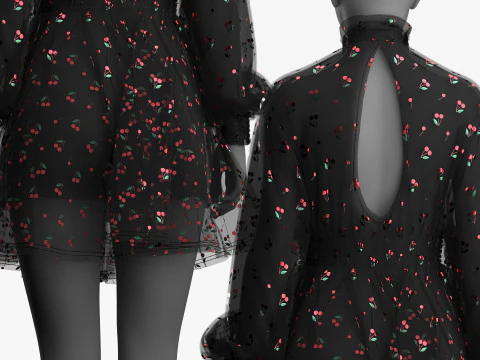 Black Tulle Dress with Cherry Pattern 3D Model