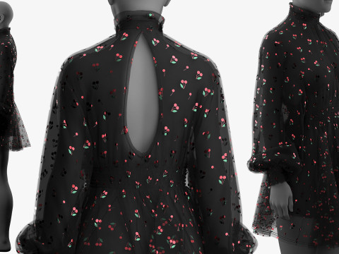 Black Tulle Dress with Cherry Pattern 3D 模型