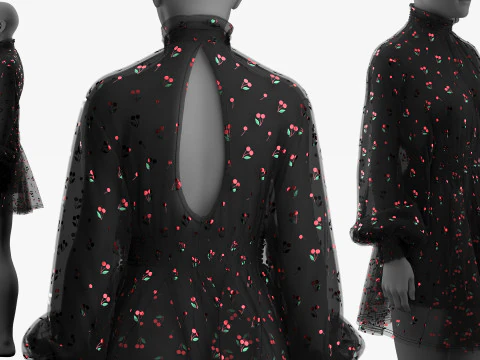 Black Tulle Dress with Cherry Pattern 3D Model