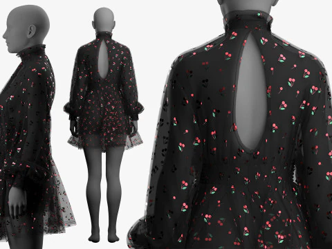 Black Tulle Dress with Cherry Pattern 3D Model