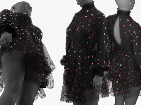 Black Tulle Dress with Cherry Pattern 3D Model