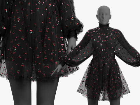 Black Tulle Dress with Cherry Pattern 3D 模型