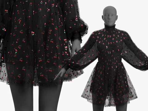 Black Tulle Dress with Cherry Pattern 3D Model