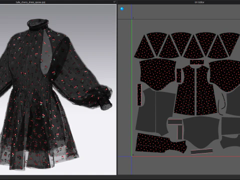 Black Tulle Dress with Cherry Pattern 3D Model