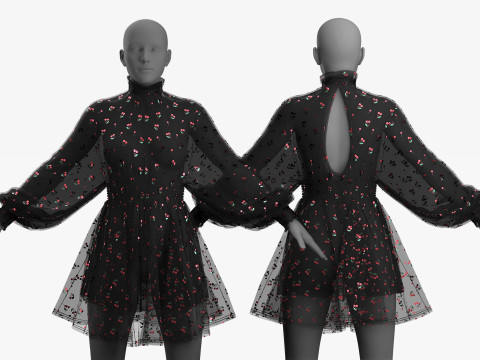 Black Tulle Dress with Cherry Pattern 3D 模型