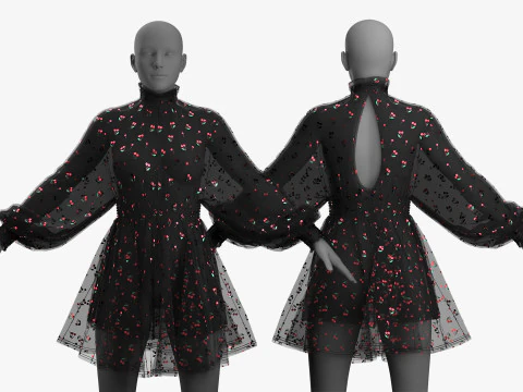Black Tulle Dress with Cherry Pattern 3D Model