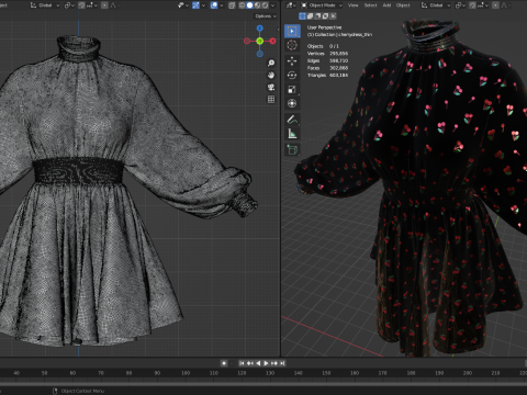 Black Tulle Dress with Cherry Pattern 3D 模型