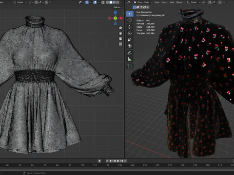 Black Tulle Dress with Cherry Pattern 3D Model
