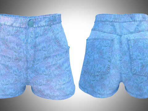 Floral Pattern Denim Shorts 3D 모델