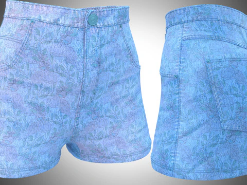 Floral Pattern Denim Shorts 3D Model