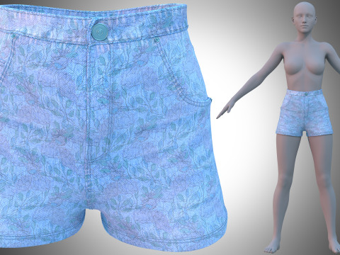Floral Pattern Denim Shorts 3D Model
