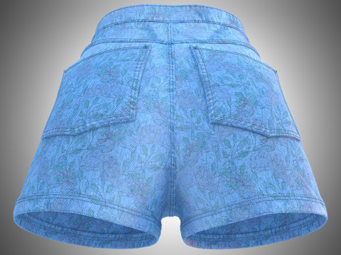 Floral Pattern Denim Shorts 3D Model