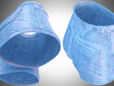 Floral Pattern Denim Shorts 3D Model