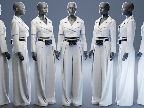Grey Set of Tailored Blazer and Wide Leg Trouser with Waist Bag 3D Model