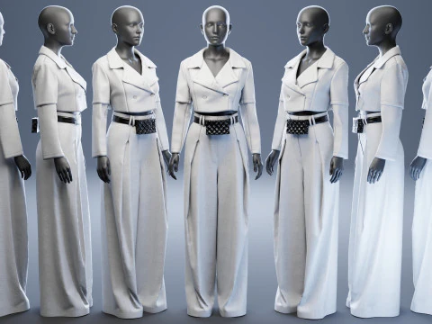Grey Set of Tailored Blazer and Wide Leg Trouser with Waist Bag 3D Model