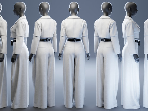 Grey Set of Tailored Blazer and Wide Leg Trouser with Waist Bag 3D Model