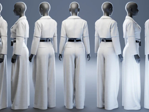 Grey Set of Tailored Blazer and Wide Leg Trouser with Waist Bag 3D Model