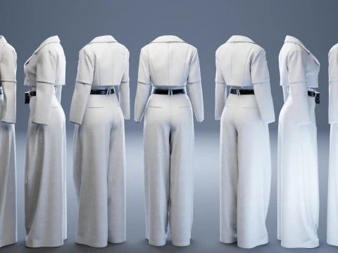 Grey Set of Tailored Blazer and Wide Leg Trouser with Waist Bag 3D Model
