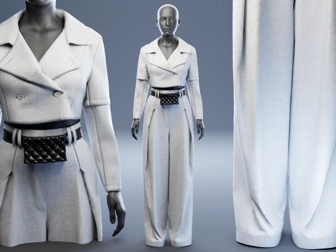 Grey Set of Tailored Blazer and Wide Leg Trouser with Waist Bag 3D Model